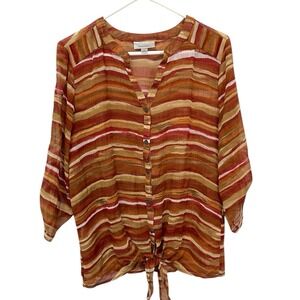 Dress Barn Women XL Brown Sheer Button Up Blouse Roll Tab Sleeve Tie Front